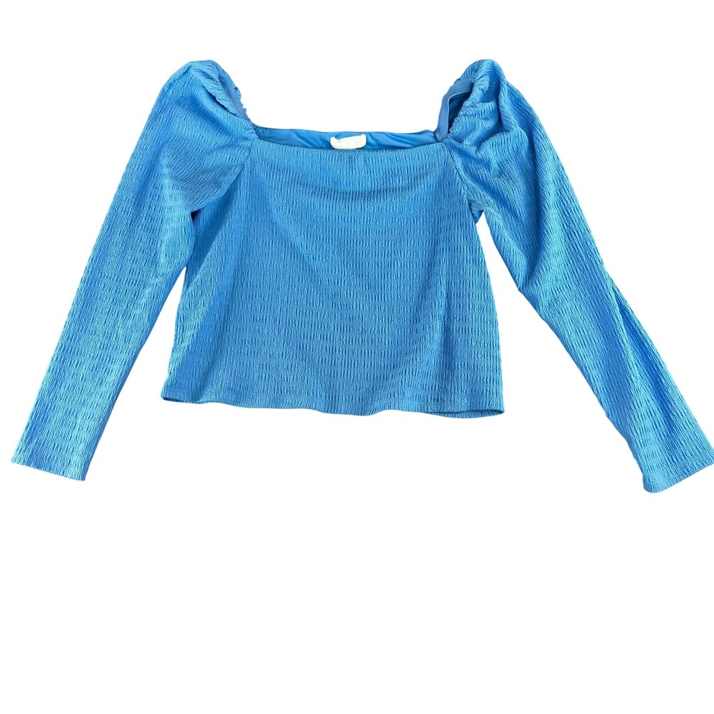 HM Womens Cornflower Blue Textured Square Neck‎ Puff Sleeve Top Large